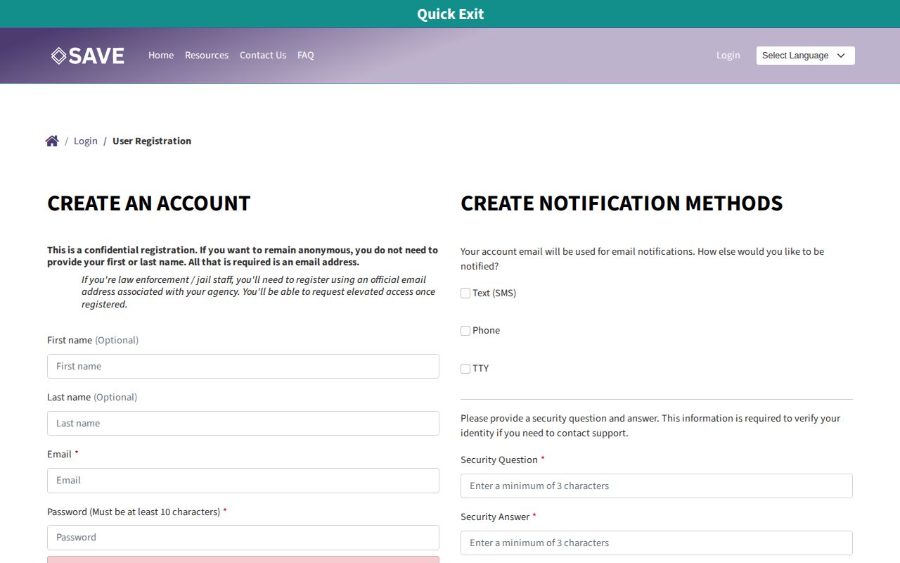 Nevada S.A.V.E. custody-alert registration screen