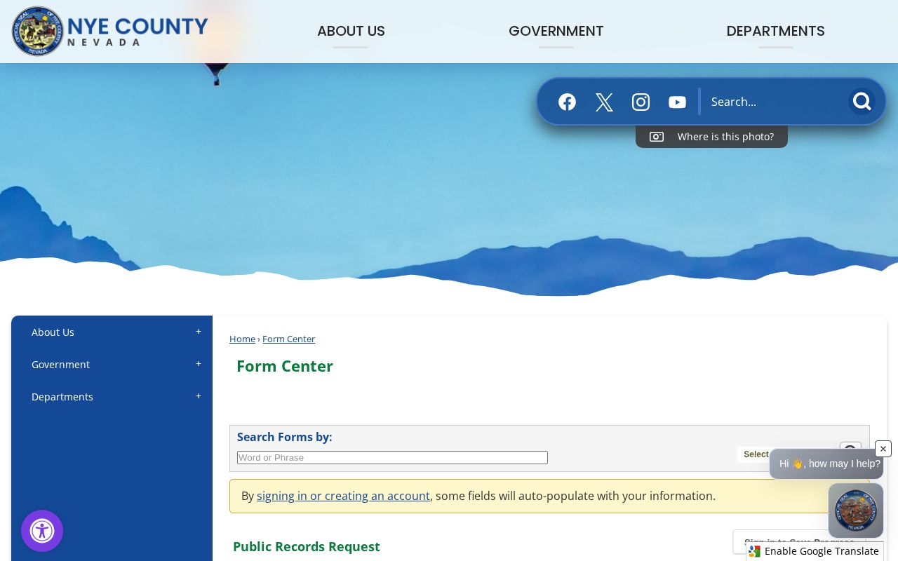 Nye County public records request form for arrest and booking records