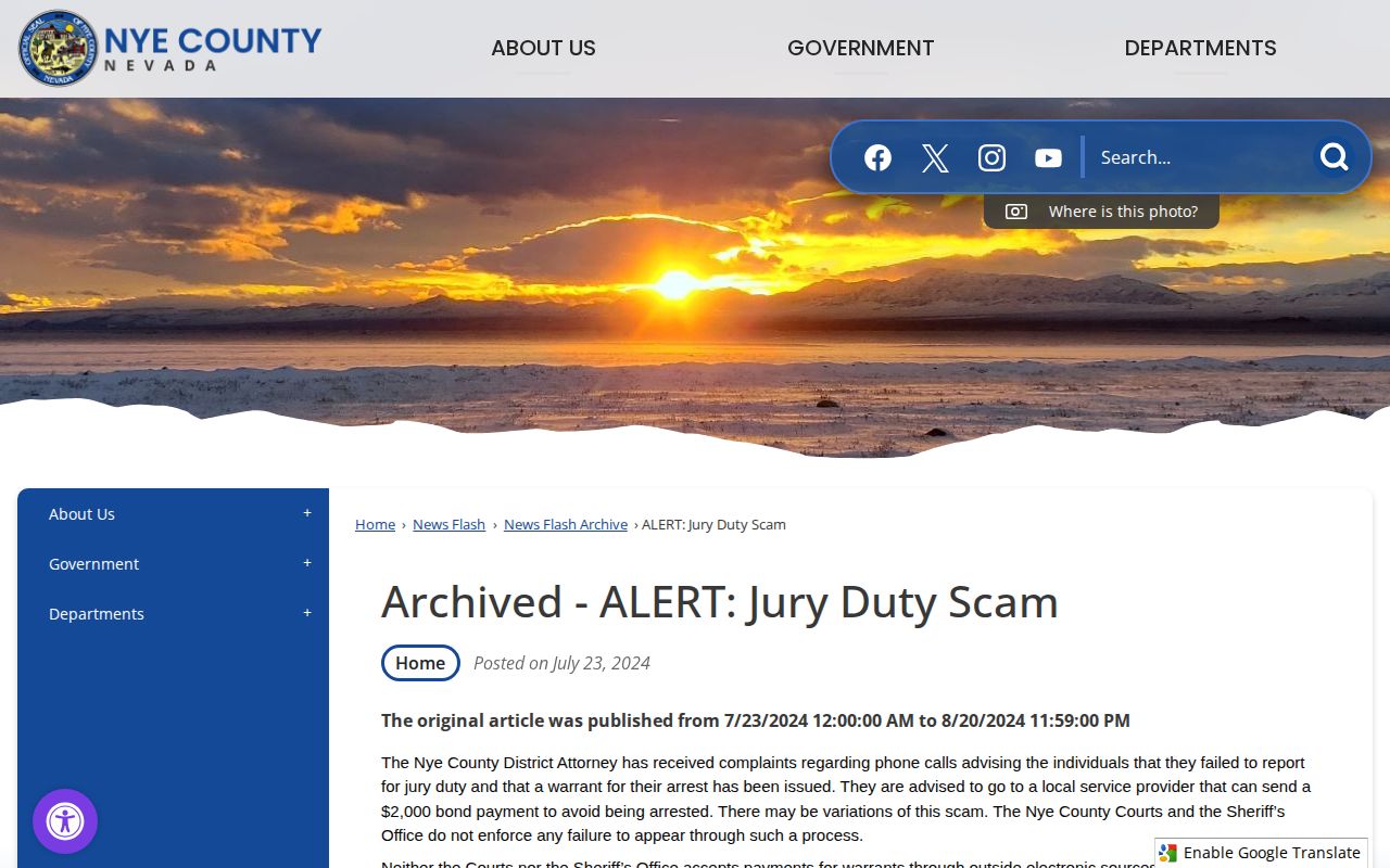 Nye County official warrant payment scam safety alert