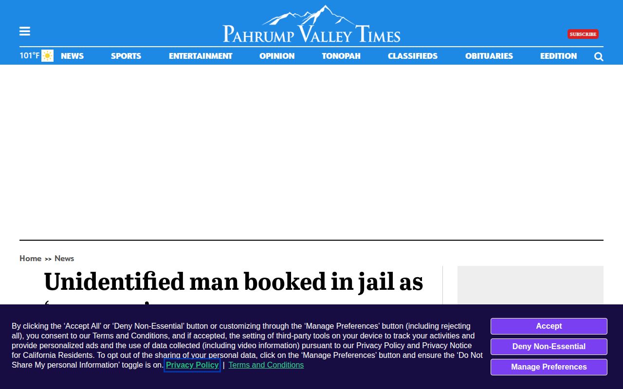 Captured Pahrump Valley Times page about an unidentified person booked into the Nye County jail